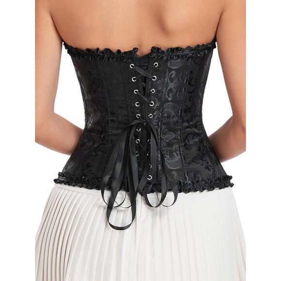 Women Black Lace Up Boned Overbust Corset Top Bustier Lingerie Bodysuit - Picture 4 of 6